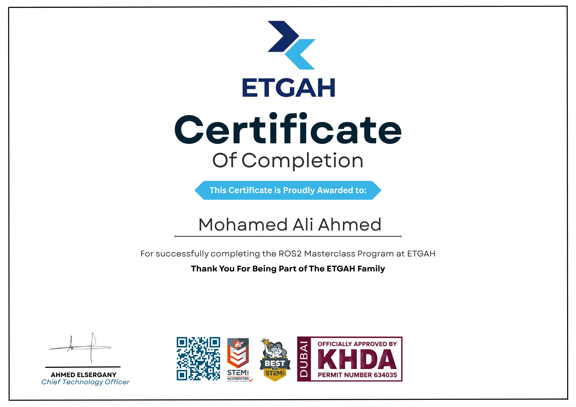 ETGAH Certificate of Achievement